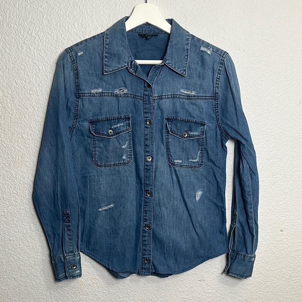 Joe's Womens Blue Chambray Top Denim Button Down Distressed Western Coastal XS